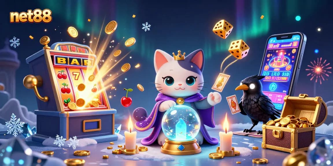 net88 showcases a mystical casino scene with a fortune teller cat, a raven, and slot machine elements bursting with coins.