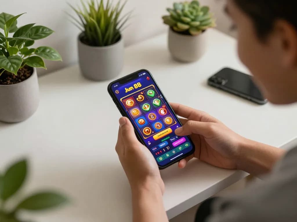 Player enjoying engaging gaming experience on Jun 88 mobile app in cozy home setting