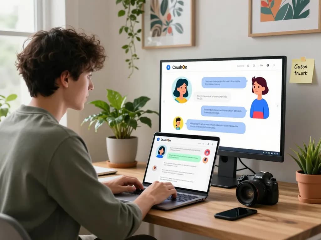 Engaging CrushOn AI chatbot interaction in a cozy home office with vibrant decor.