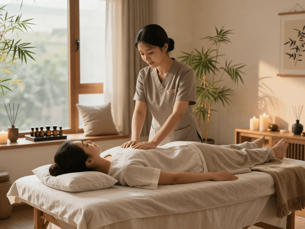 Massage therapist performing 인천출장 service in tranquil wellness room, soft linens and natural light enhancing relaxation.