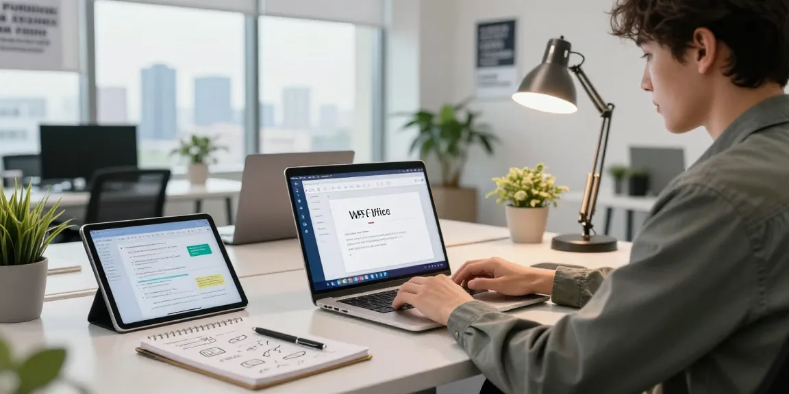 A modern workspace showcasing WPS Download on a laptop with office tools and a city view.