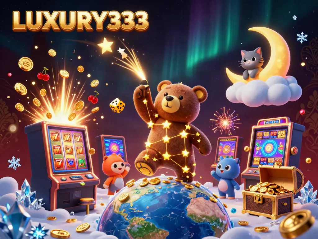 LUXURY333 showcases a vibrant 3D casino scene with starry characters scooping coins and jackpot excitement.