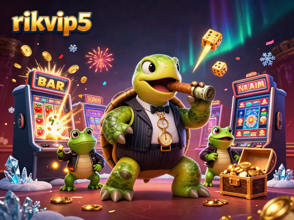 rikvip5 showcases a dynamic casino scene featuring a snapping turtle mobster and bullfrog enforcers among slot machines.