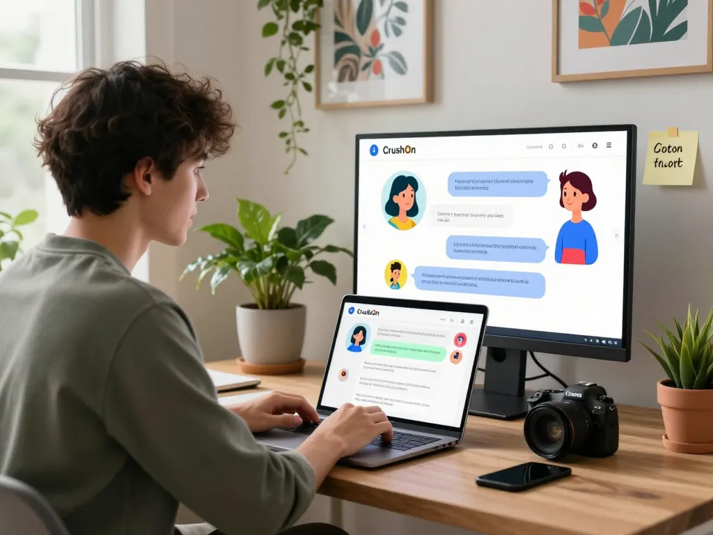 Engaging CrushOn AI chatbot interaction in a cozy home office with vibrant decor.
