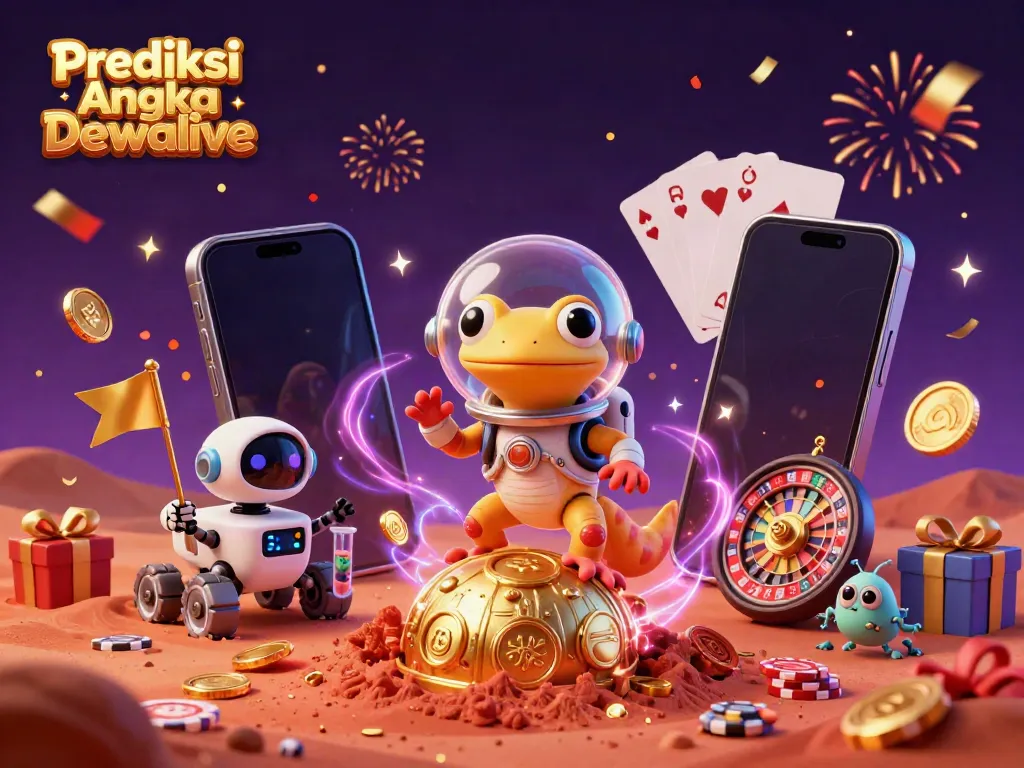 Prediksi Angka Dewalive, ilustrasi menarik gecko Martian dan robot di kasino emas dengan elemen permainan