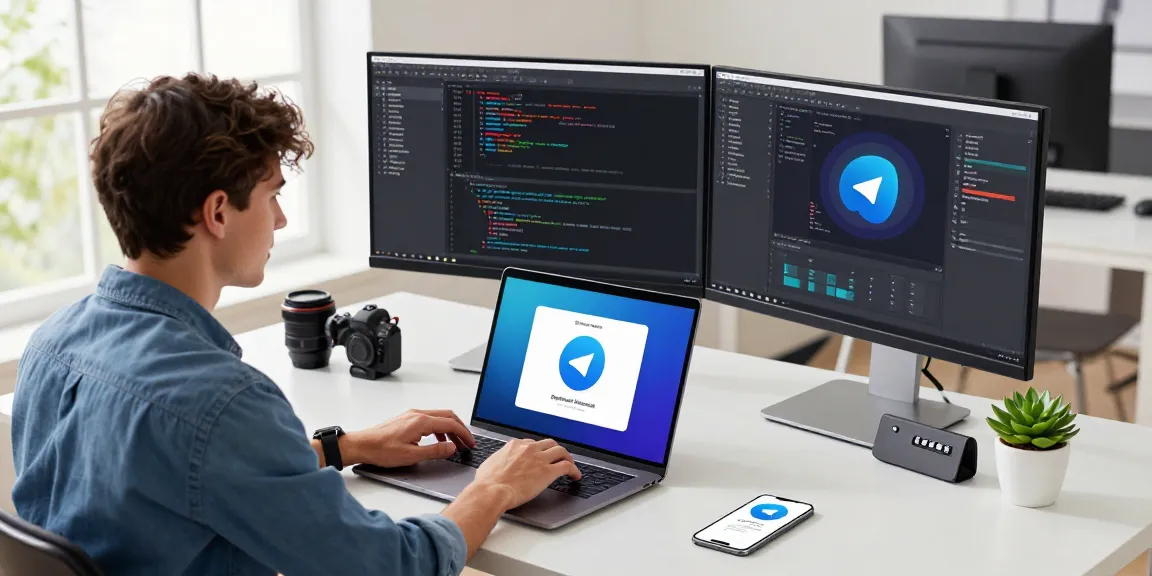 Developer Download Telegram on a modern workspace desk with tech gadgets.