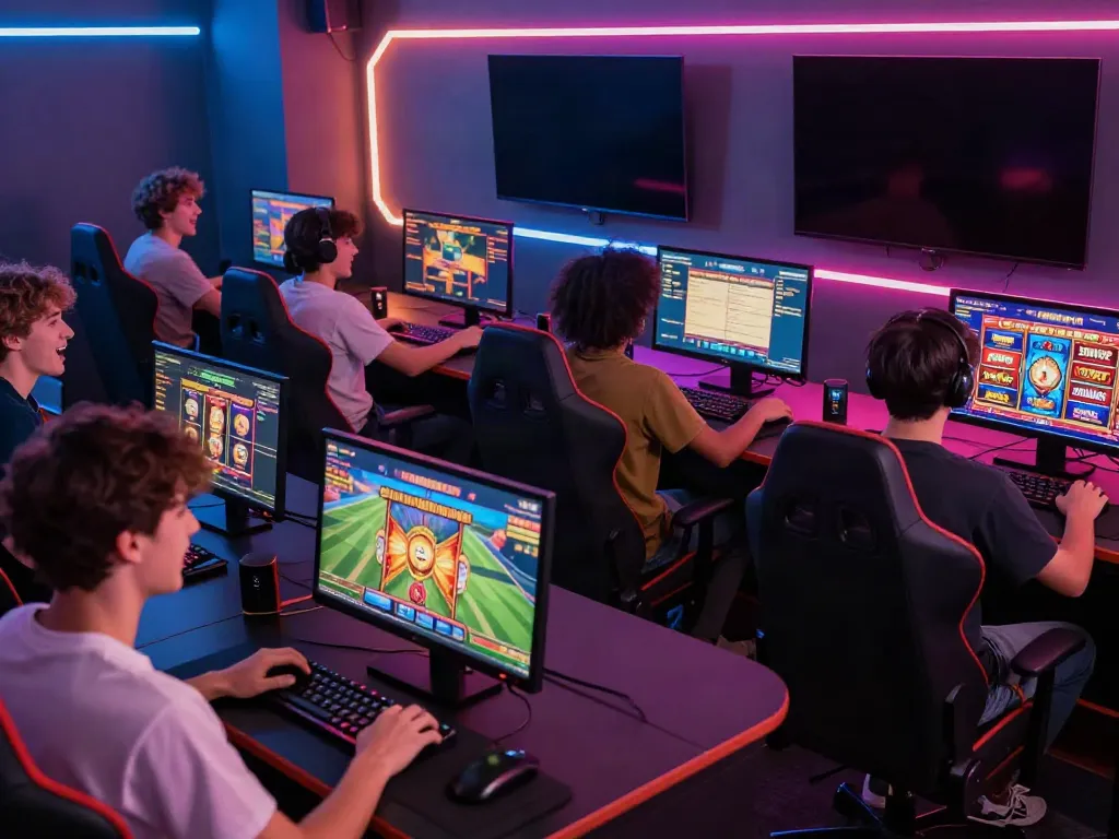 Nohuwin gaming enthusiasts engaging with diverse online games in a vibrant, modern setting.