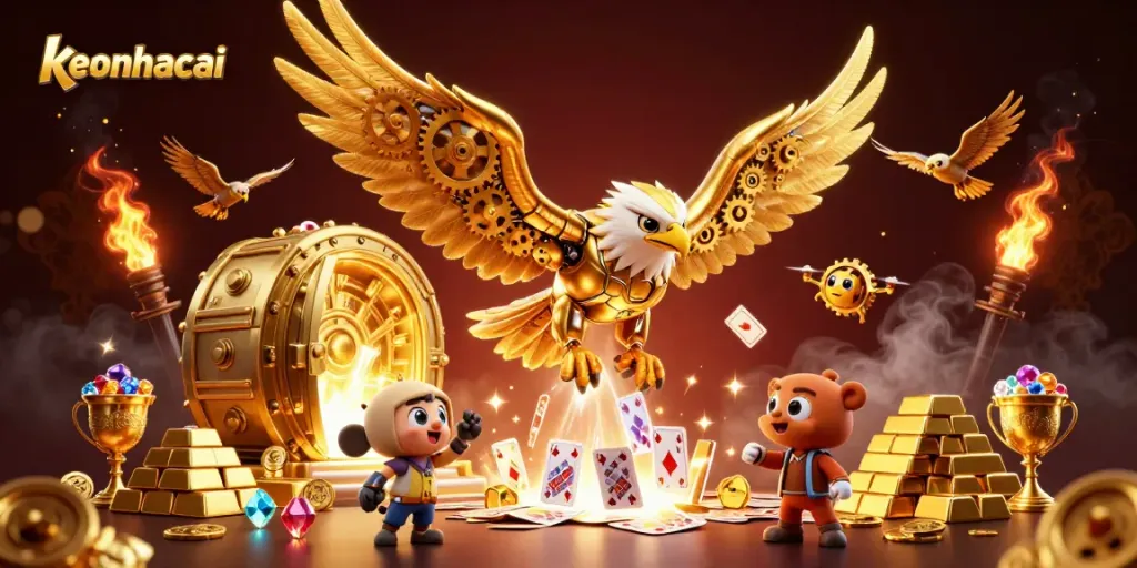 Explore the keonhacai universe with dynamic golden eagle character amidst floating gaming riches and holographic cards.
