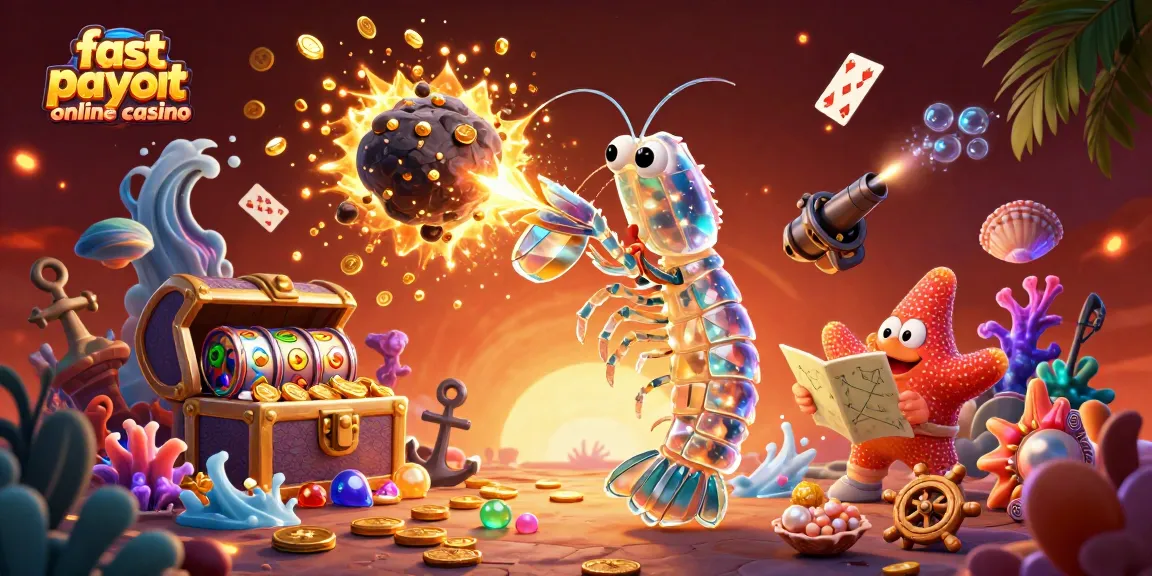 Engage with a vibrant 3D scene depicting fast payout online casino action among dynamic characters and casino elements.