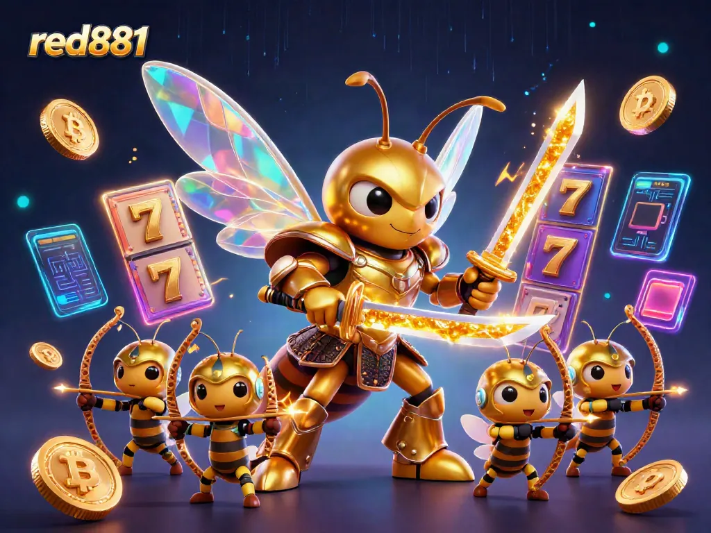 Experience thrilling moments at red881 with a unique 3D illustration of a golden hornet samurai amidst slot reels and crypto coins.