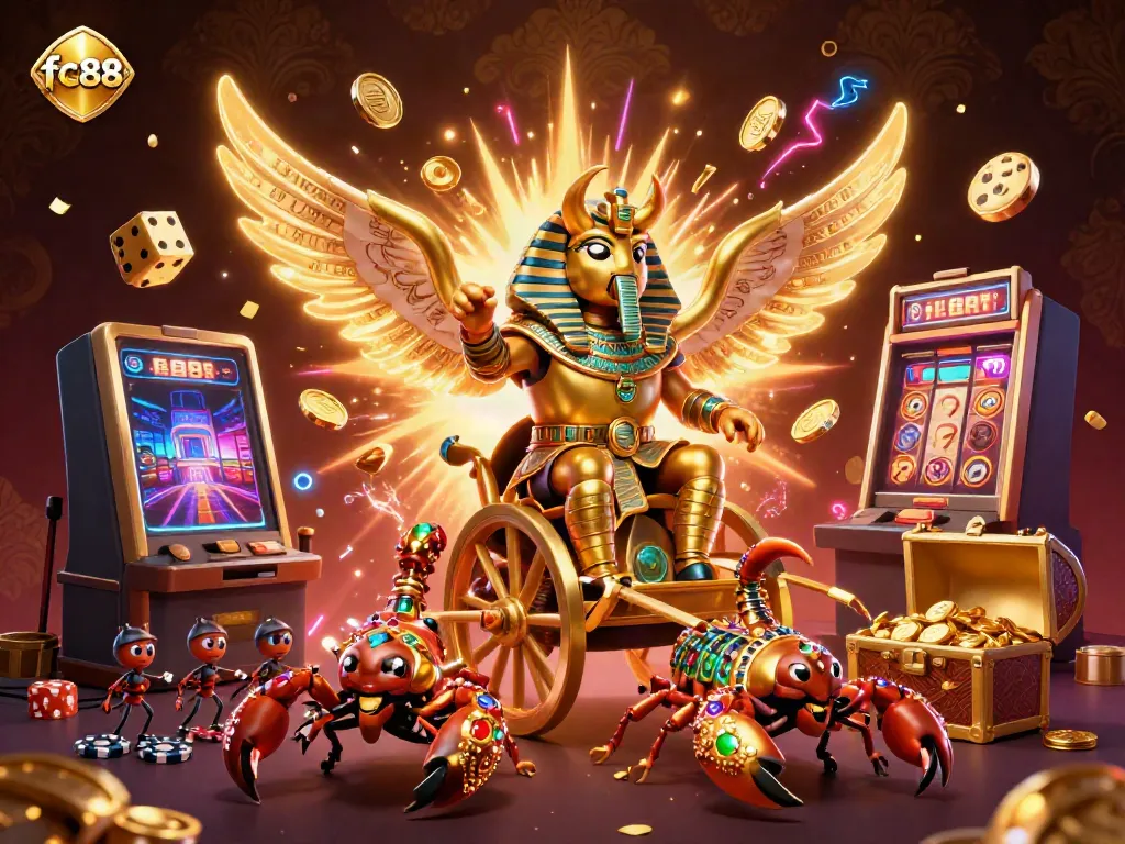 Win big with fc88 as the golden scarab beetle rides a chariot of fortune in this vibrant casino scene.