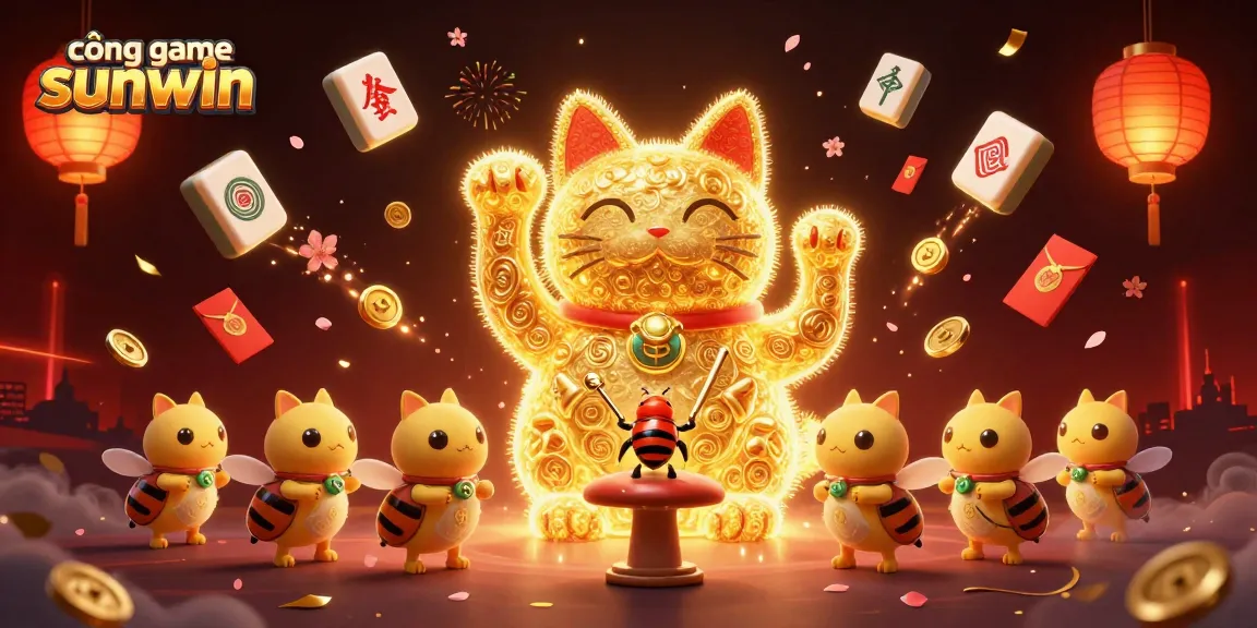 Engage with the thrilling cổng game sunwin experience, featuring a giant lucky cat and dynamic casino elements.