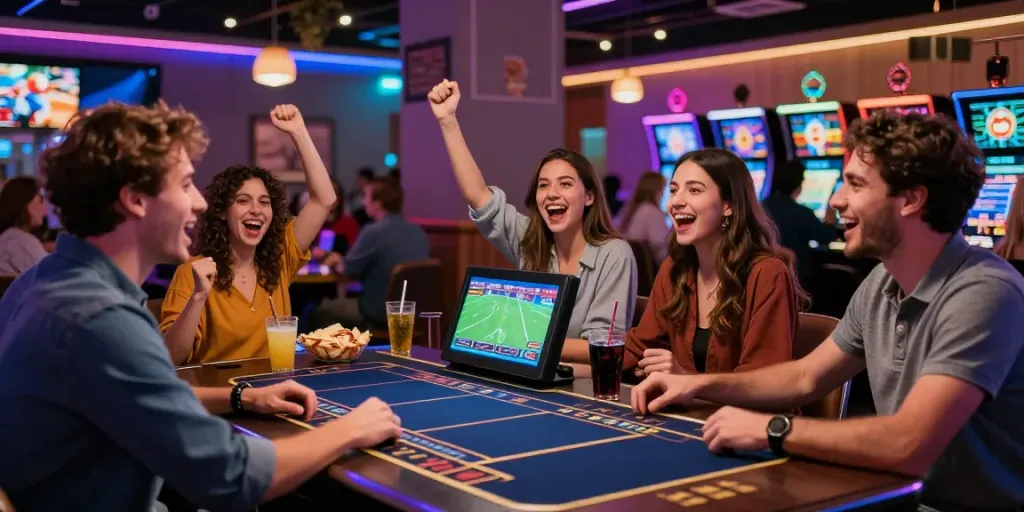 Friends enjoying an exciting moment at UK88, cheering for their favorite teams while placing sports bets.