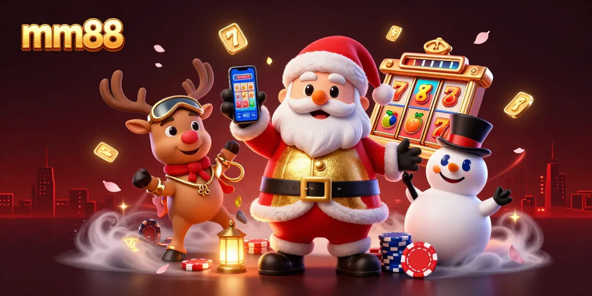 Try your luck at mm88 with Santa in a vibrant casino scene featuring jackpot slots!