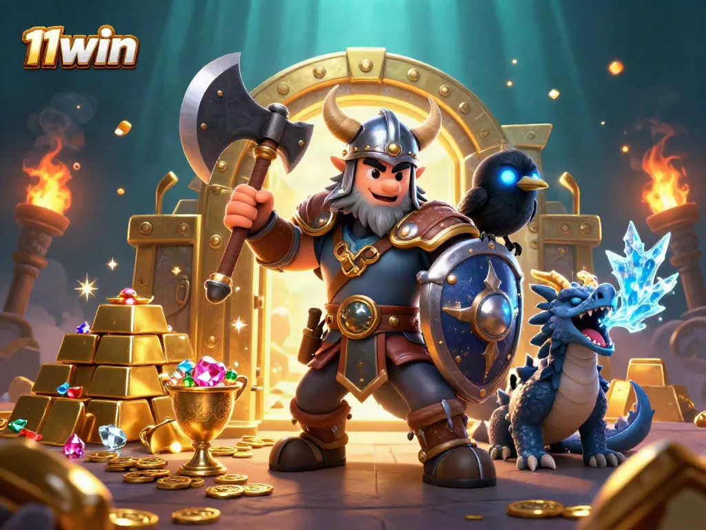 Experience thrilling wins with 11win's Viking warrior battling for treasure in a dynamic casino scene.