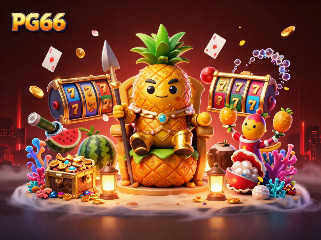 Engage with PG66's exciting slots featuring a golden pineapple king and immersive casino elements.