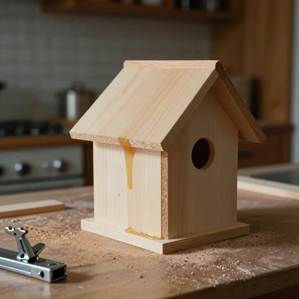 Mutfak masasındaki yarım birdhouse, tutkal parıltısı ve tahta parçalarıyla DIY başlangıcı.