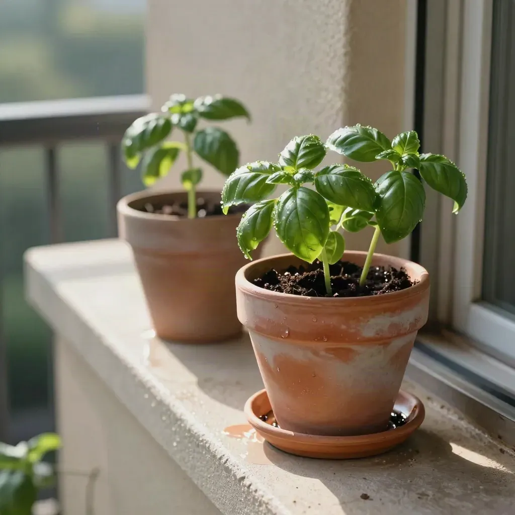 Balkon köşesinde terrakota saksılarda fesleğen fideleri ve ıslak toprak.
