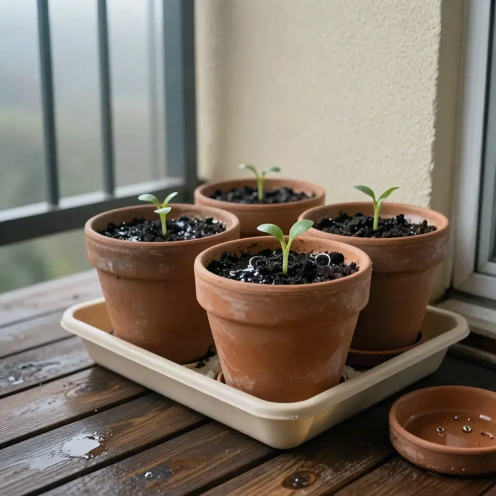 Balkon köşesinde ıslak toprağı parlayan minik fideler, terrakota saksılar ve sulama tepsisi.
