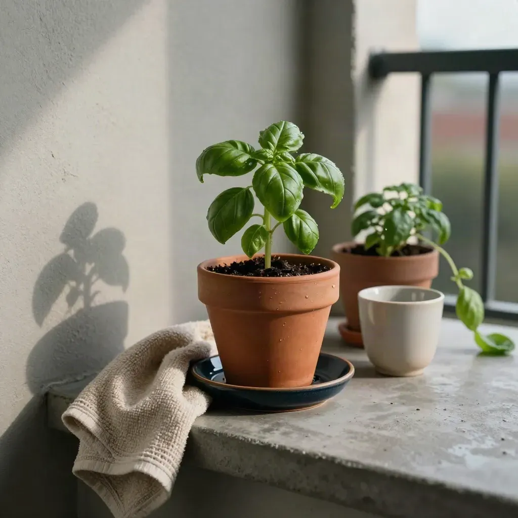 Terrakota saksıda fesleğen filizi, sulama altlığı, havlu ve seramik fincanlı balkon düzeni
