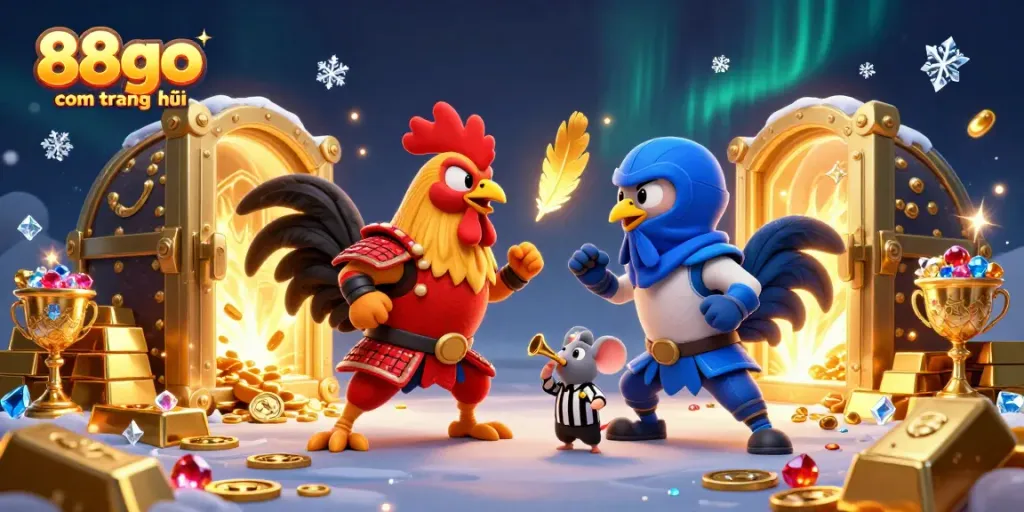 Experience the thrill of gaming with 88go com trang chủ, showcasing dynamic roosters and treasures in a vibrant scene.