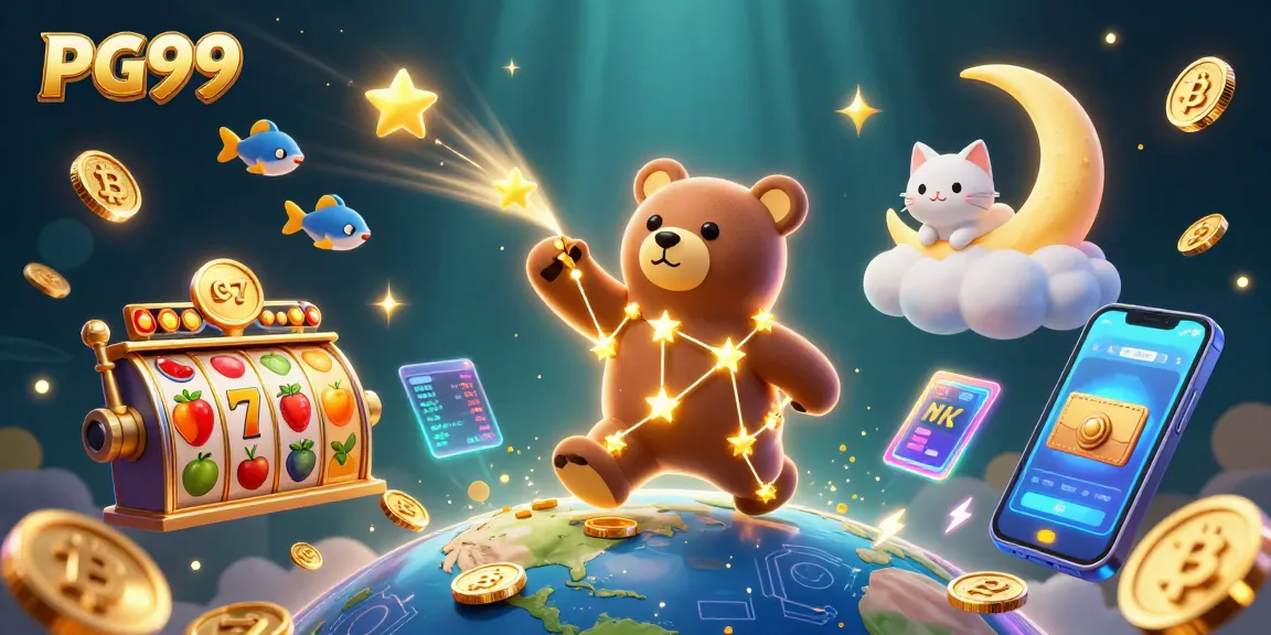 Experience exciting games at PG99 featuring slot reels, gold coins, and vibrant characters.