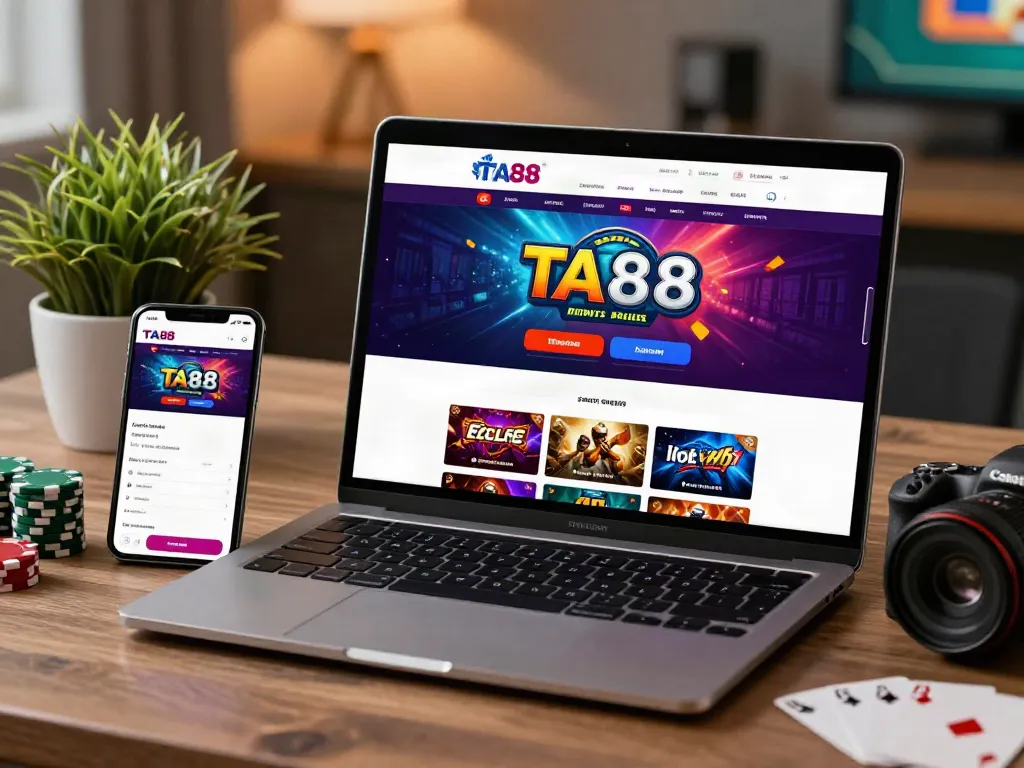 TA88 online gambling interface with promotional banners on laptop, showcasing vibrant gaming options and smartphone app for an engaging betting experience.
