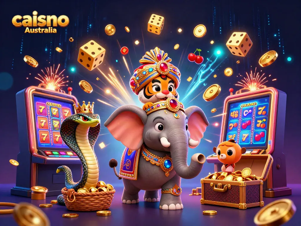 Engage in exciting gaming at caisno Australia with top slots and live games featured in a vibrant casino illustration.
