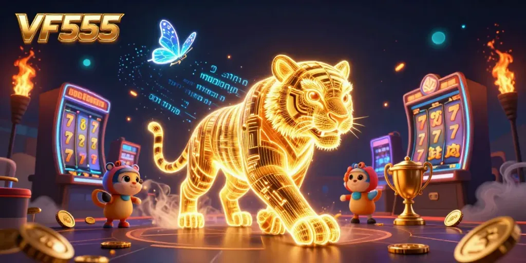 Experience the thrill of VF555 casino with a vibrant golden tiger in an immersive gambling environment.