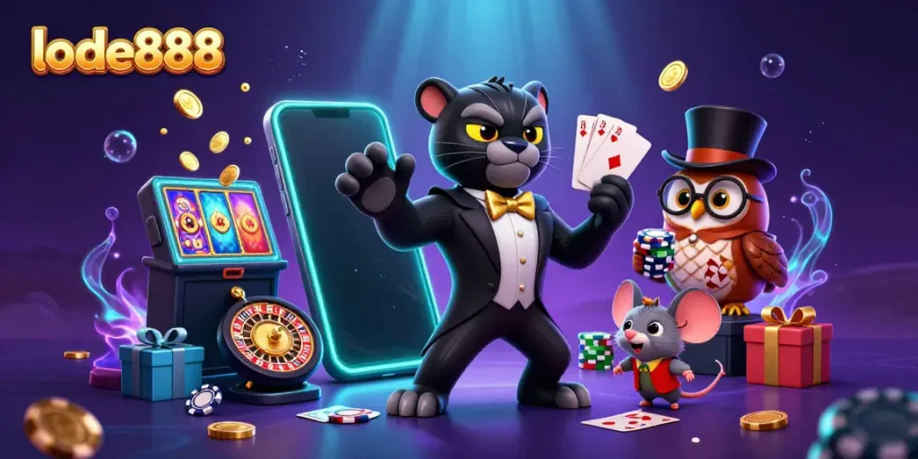 Experience thrilling gameplay with lode888, featuring a stylish panther dealer, cards, and poker chips.