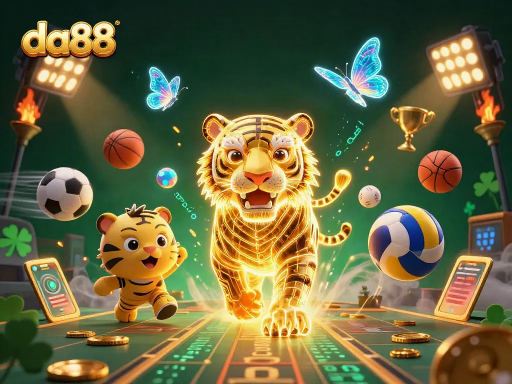 Experience thrilling gameplay with da88 in a dynamic casino scene featuring a neon tiger and sports elements.