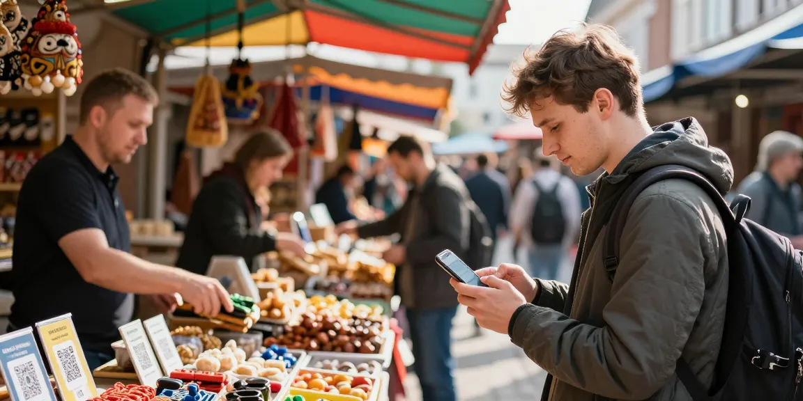 https://payinrussia.com/ ile Rus pazarında ödeme yapmaya çalışan turist, yerel ürünler ve gülümseyen satıcılar.