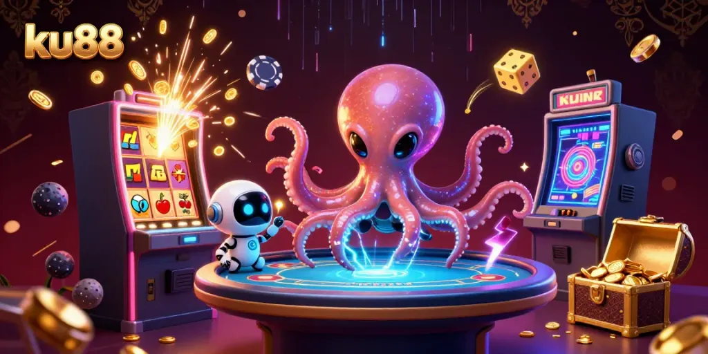 Join the excitement at ku88 with an alien octopus celebrating at a futuristic poker table!