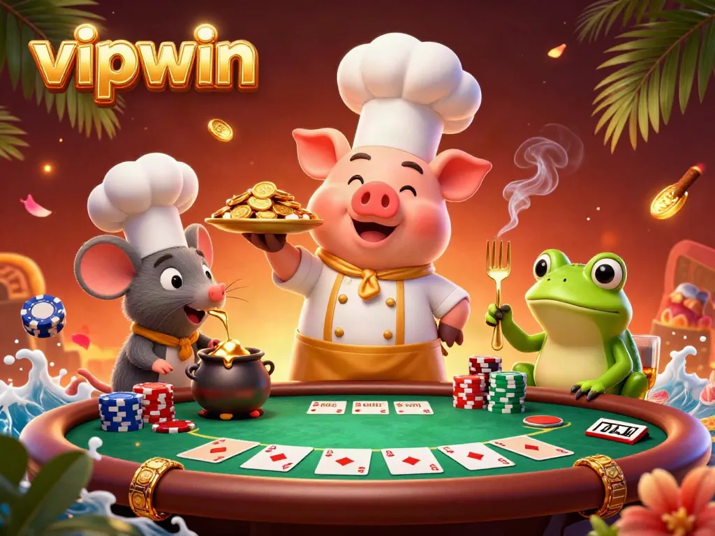 Experience the thrill of vipwin gaming with a vibrant 3D illustration of characters and poker elements.