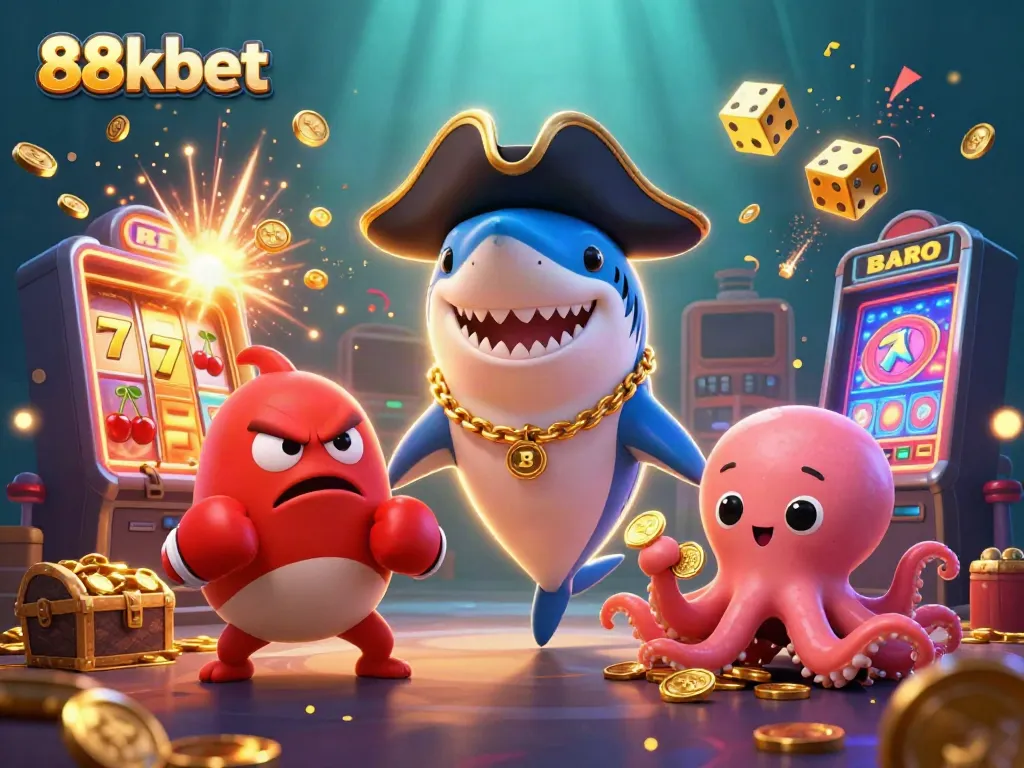 Engage with 88kbet's vibrant 3D illustration showcasing exciting casino elements and characters in a dynamic underwater scene.