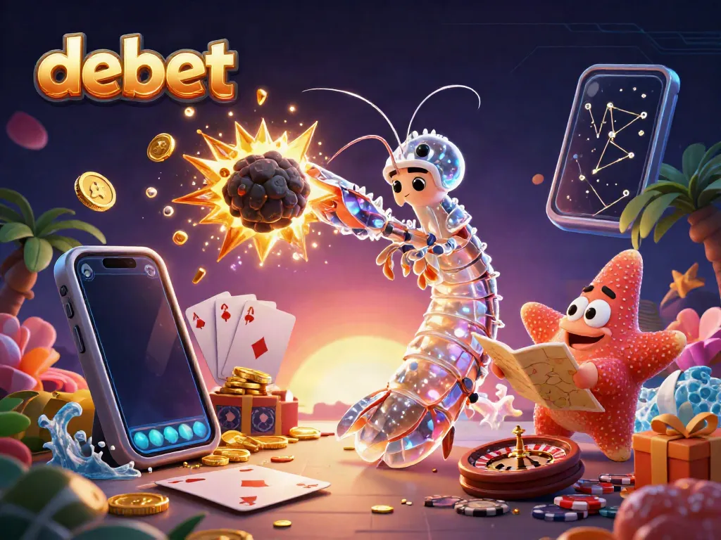 Engage with debet featuring a galactic samurai shrimp amidst a casino explosion of gems and coins, emphasizing vibrant slot games.