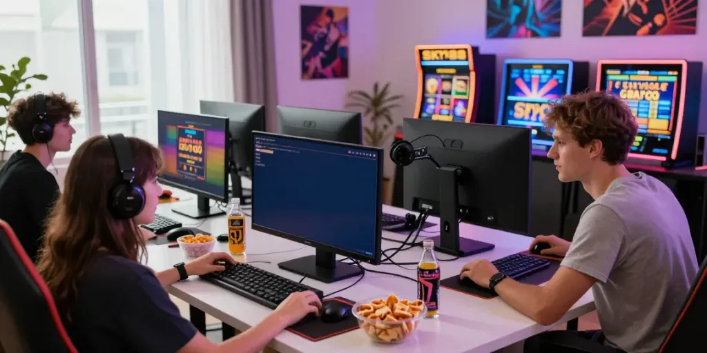 Engaged gamers enjoying SKY88's online platform with vibrant games.