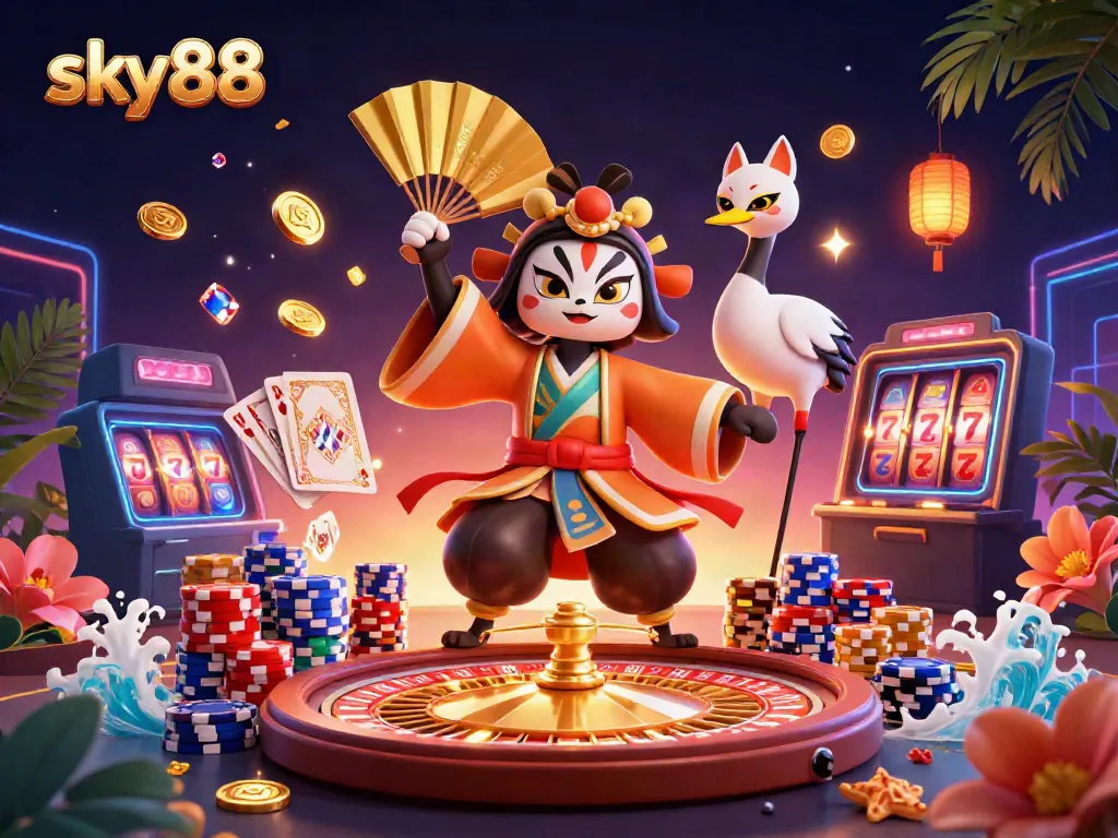 Experience the thrill of sky88 as kabuki characters celebrate exciting casino games with golden coins and vibrant colors.