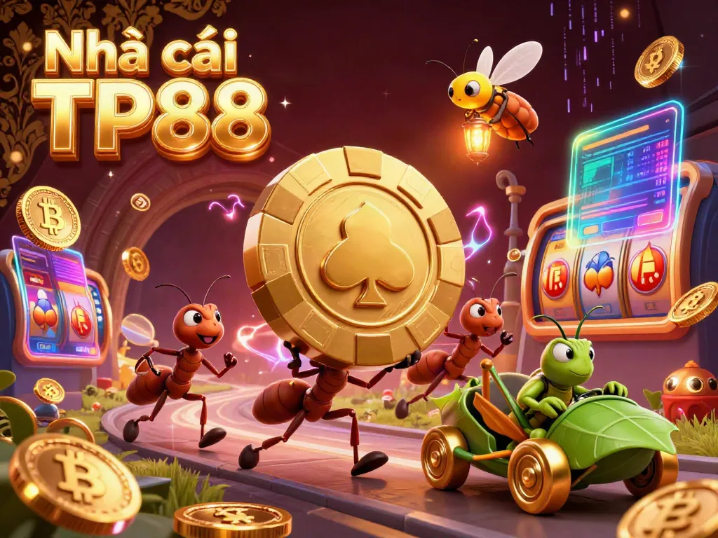 Experience thrilling adventures at Nhà cái TP88 with cartoon heist ants in a vibrant casino scene.