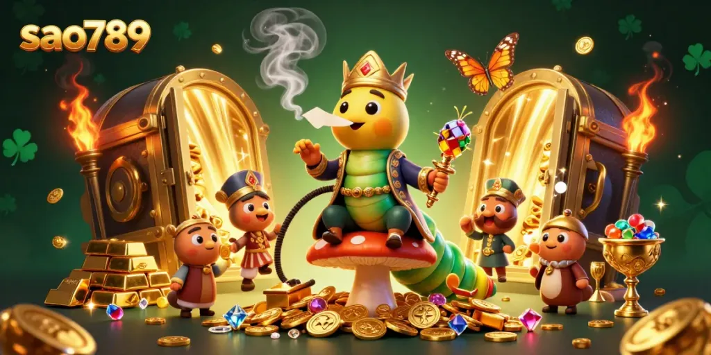 Experience the excitement of sao789 with golden coins and poker symbols in a vibrant illustration.