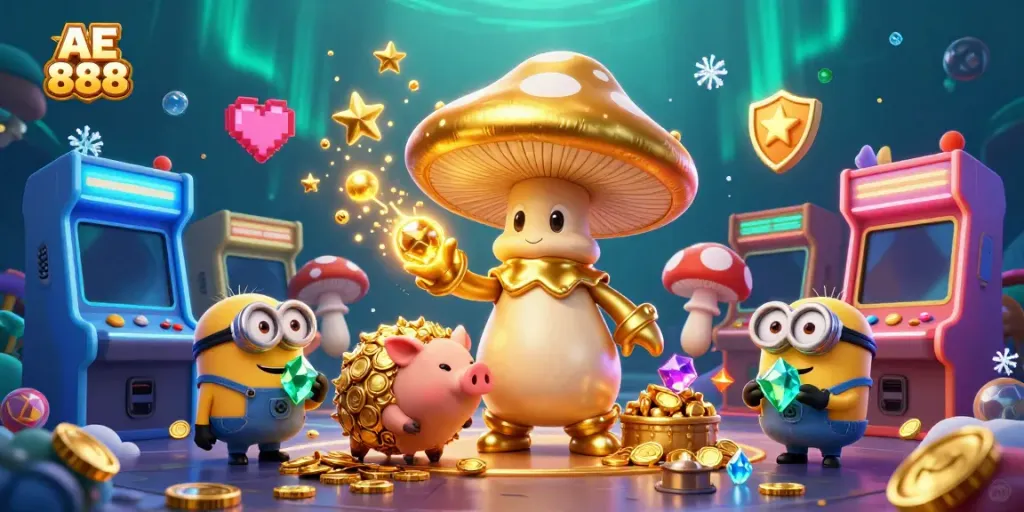 Experience the magic of AE 888 with a golden mushroom wizard and treasure-filled adventure.