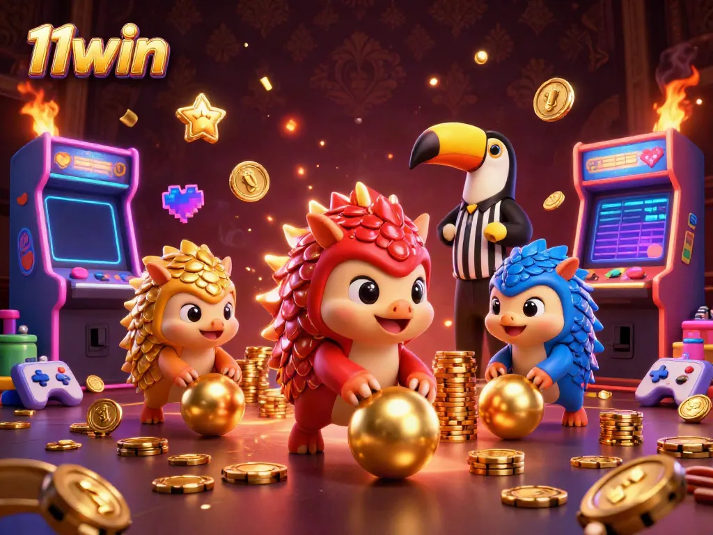 Engage with 11win's dynamic online casino scene featuring rival pangolins competing with poker chips and arcade elements.