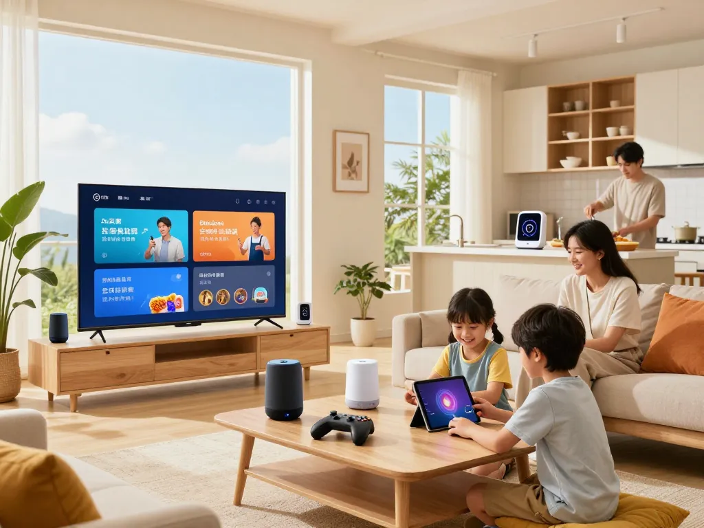 Engaging living room scene featuring tech gadgets for home, showcasing smart devices and family interaction.