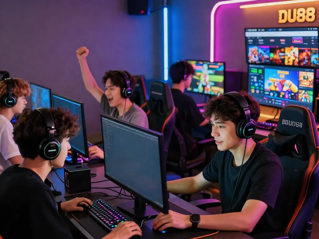 Players immersed in an exciting DU88 online gaming environment, celebrating victories.