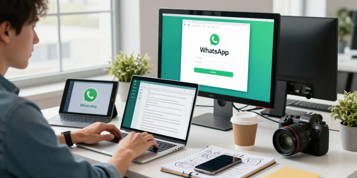 Professional workspace with WhatsApp電腦版 displayed on a laptop, emphasizing modern tech productivity.