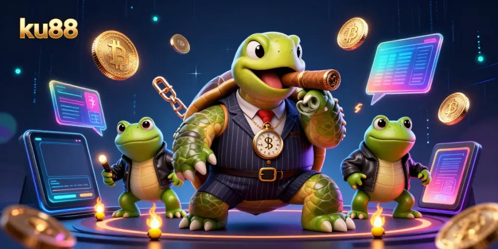Engage with exciting ku88 gambling adventures as a snapping turtle and bullfrogs illustrate the casino experience.