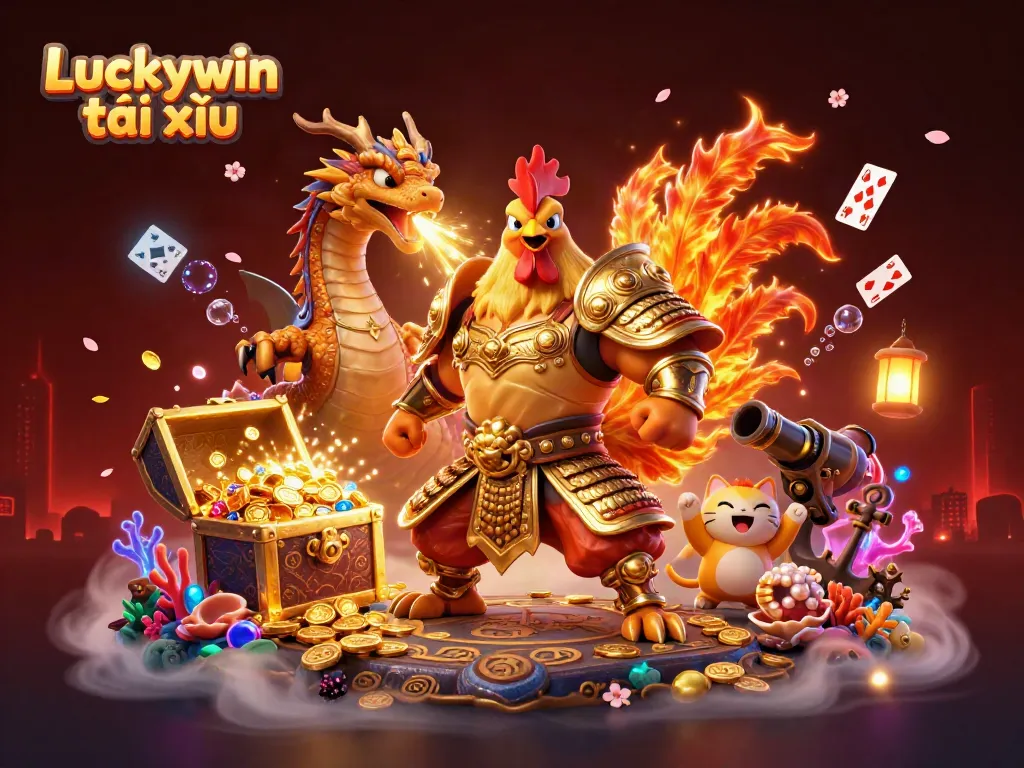Engage in thrilling Luckywin tài xỉu action with a dynamic rooster warrior and dragon hatchling.