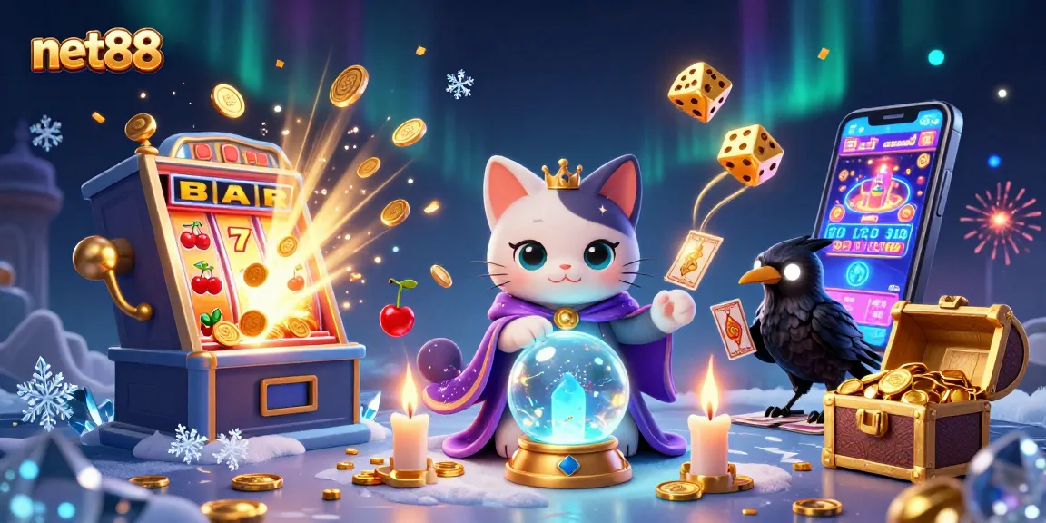 net88 showcases a mystical casino scene with a fortune teller cat, a raven, and slot machine elements bursting with coins.