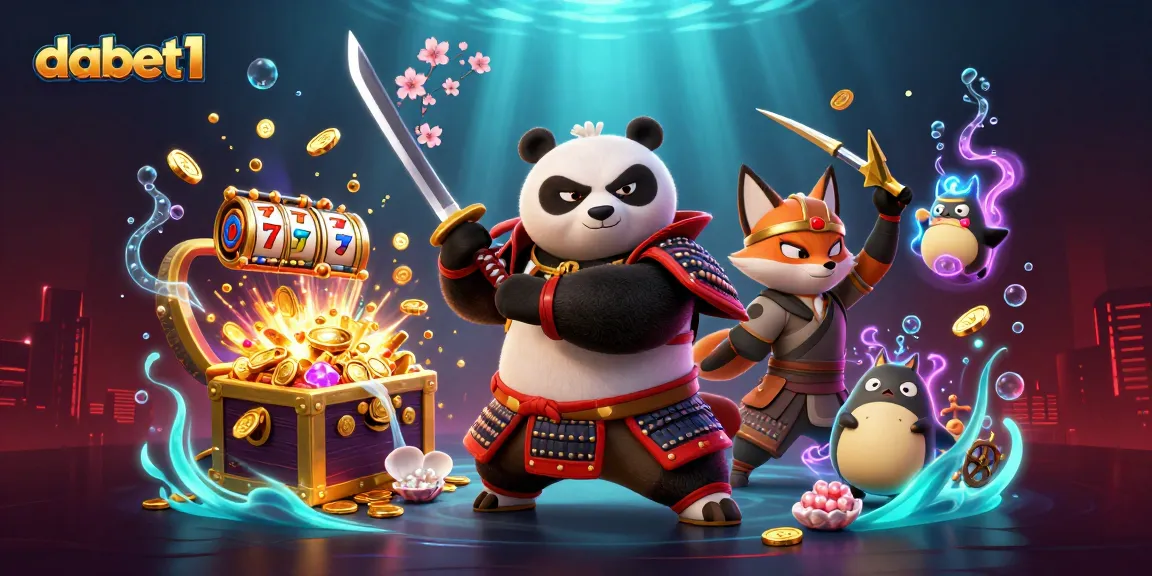 dabet1 showcases an exciting casino scene with samurai panda and ninja fox amidst colorful slot game elements.