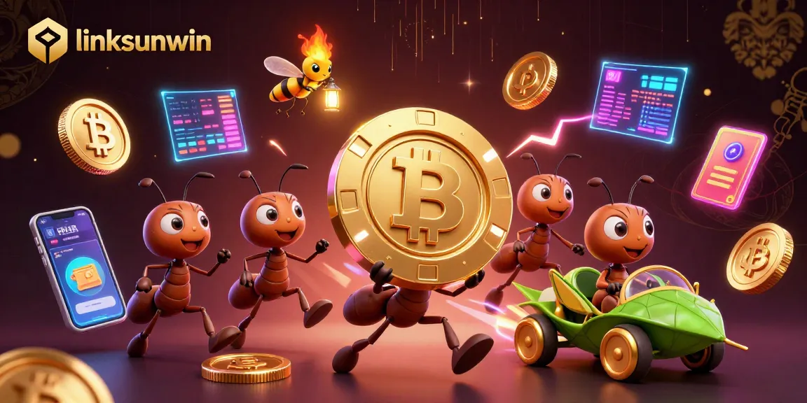 Join the linksunwin heist with ants carrying a golden poker chip through a vibrant tunnel!
